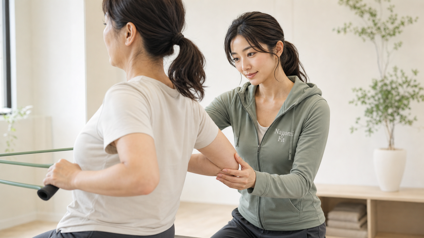 オーナーの中野が利用者に寄り添いながらトレーニングを指導する様子